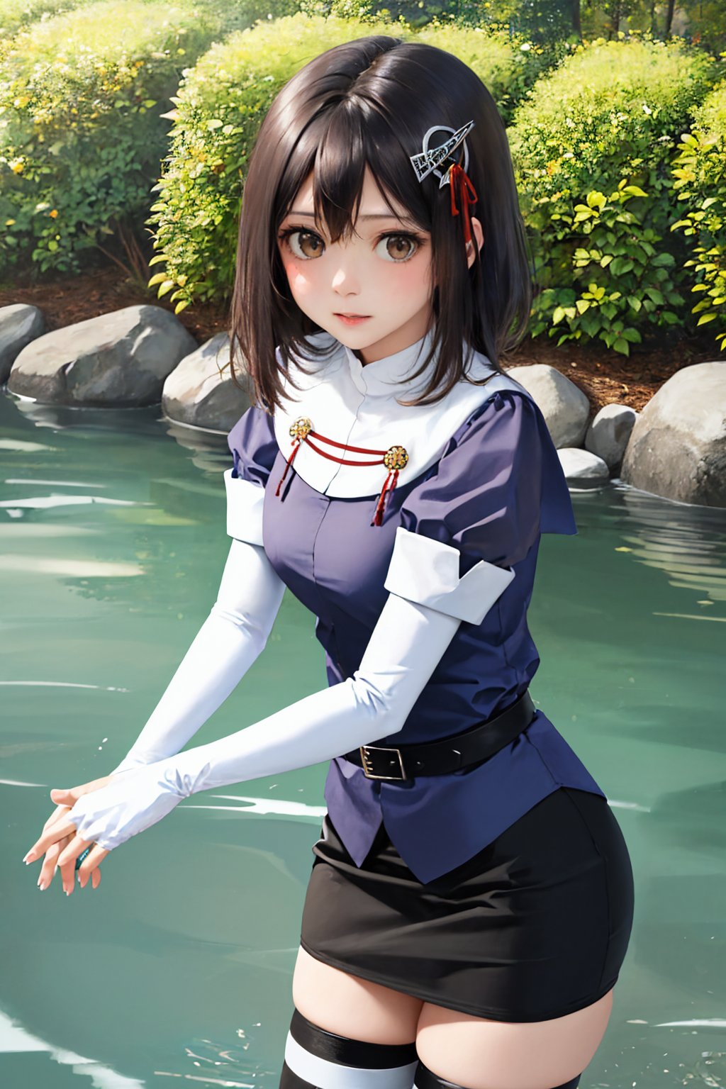 00018-2654189163-(masterpiece, best quality_1.2), cowboy shot, solo, 1girl, haguro, expressionless, looking at viewer, wading, hair ornament, jul.jpg